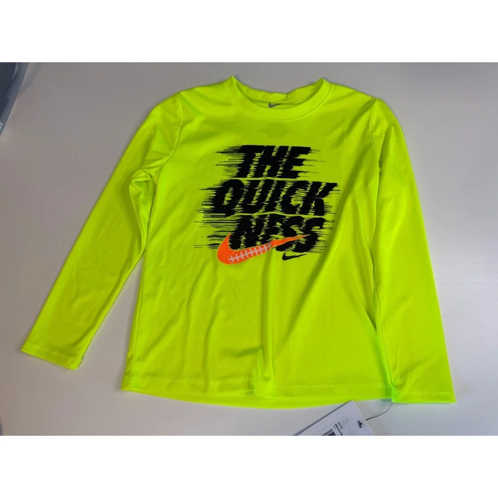Nike Boys Volt Yellow Dri-FIT The Quickness Long Sleeve Graphic T-Shirt Size 5